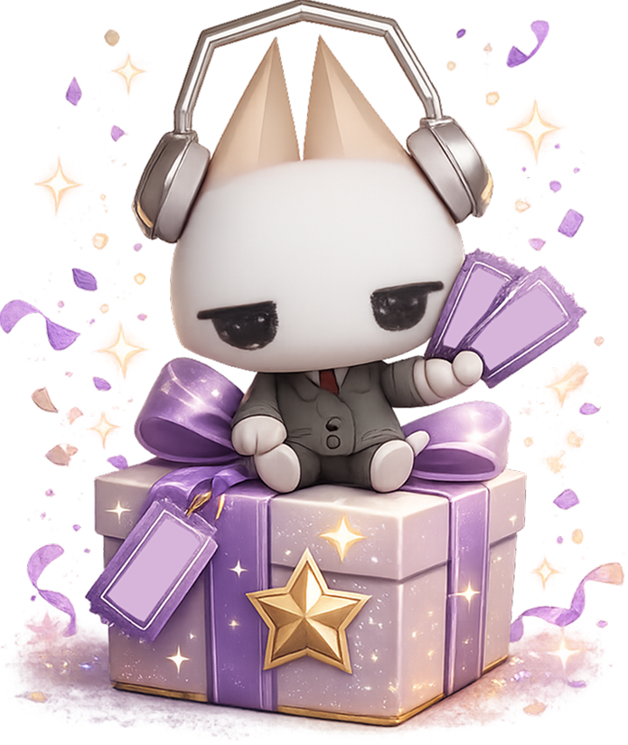 Cute character with headphones sitting on purple gift box with prizes